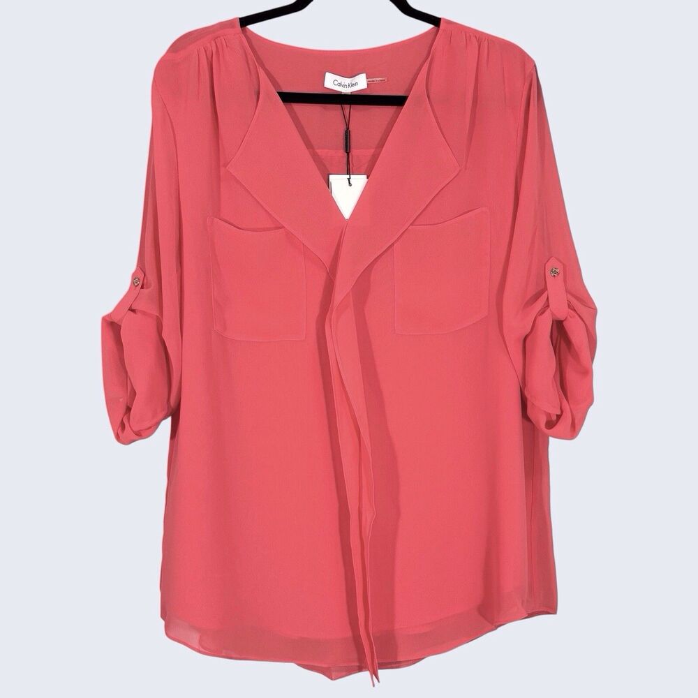 Calvin Klein Roll Tab V-Neck Sheer Blouse Top Womens XL Watermelon Pink NWT